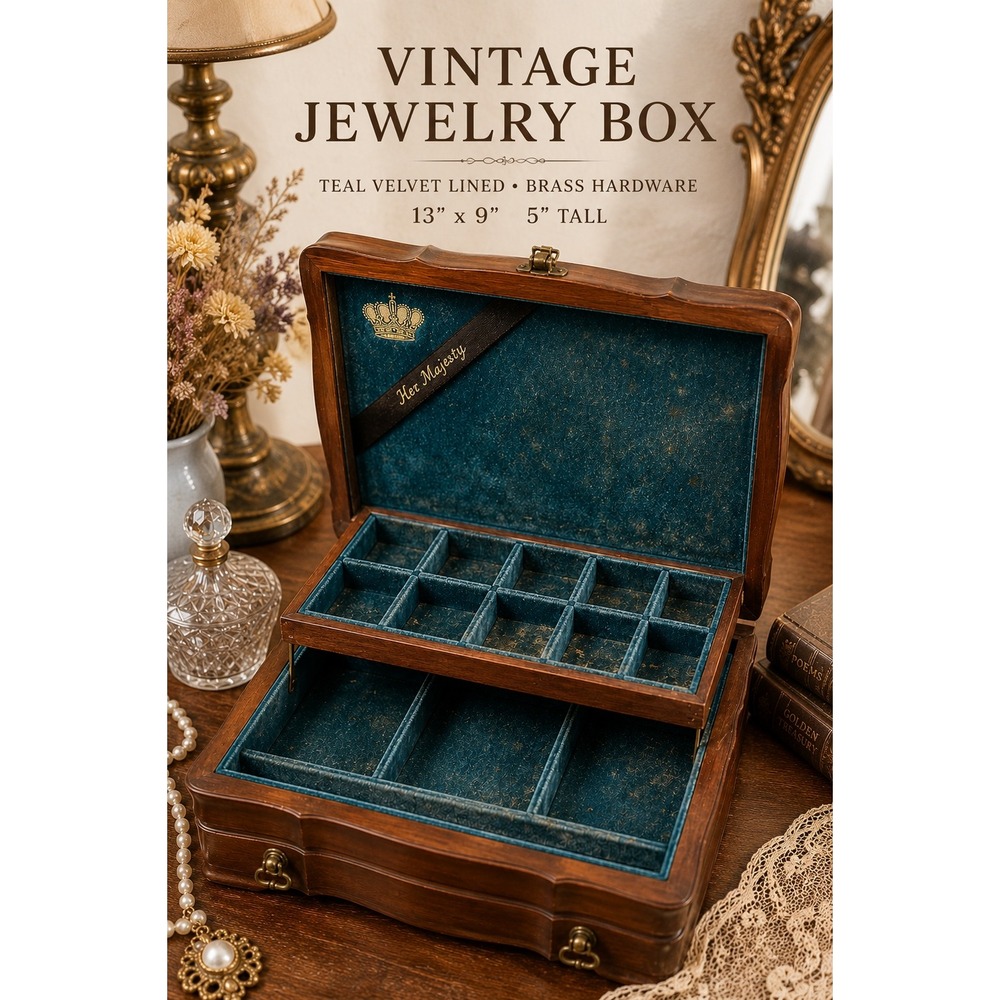 Vintage Wooden Jewelry Box Teal Velvet Lined Brass Hardware Trinket Chest